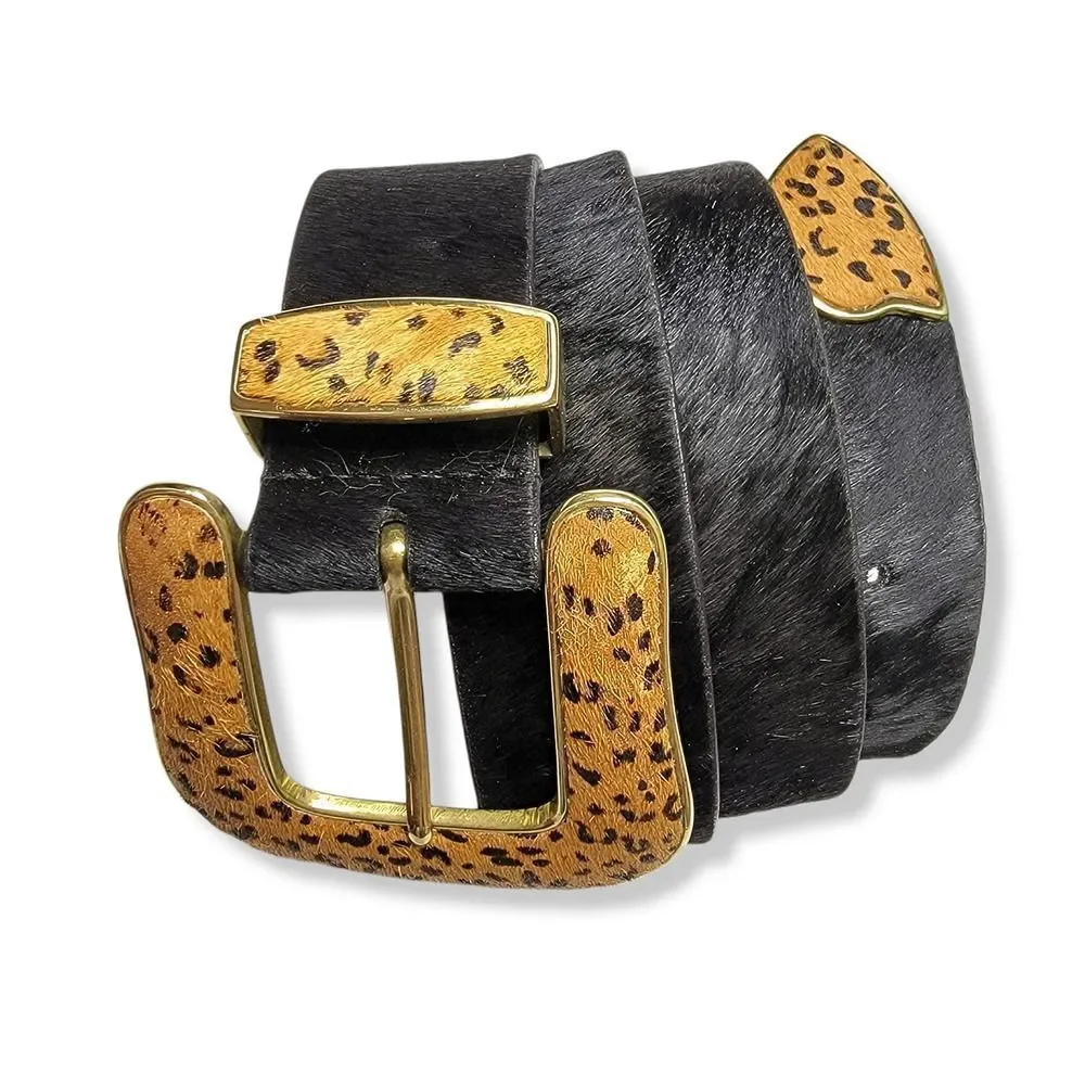 Lake Shore Drive Animal Print Belt Hair On Leather Gold Buckle Large